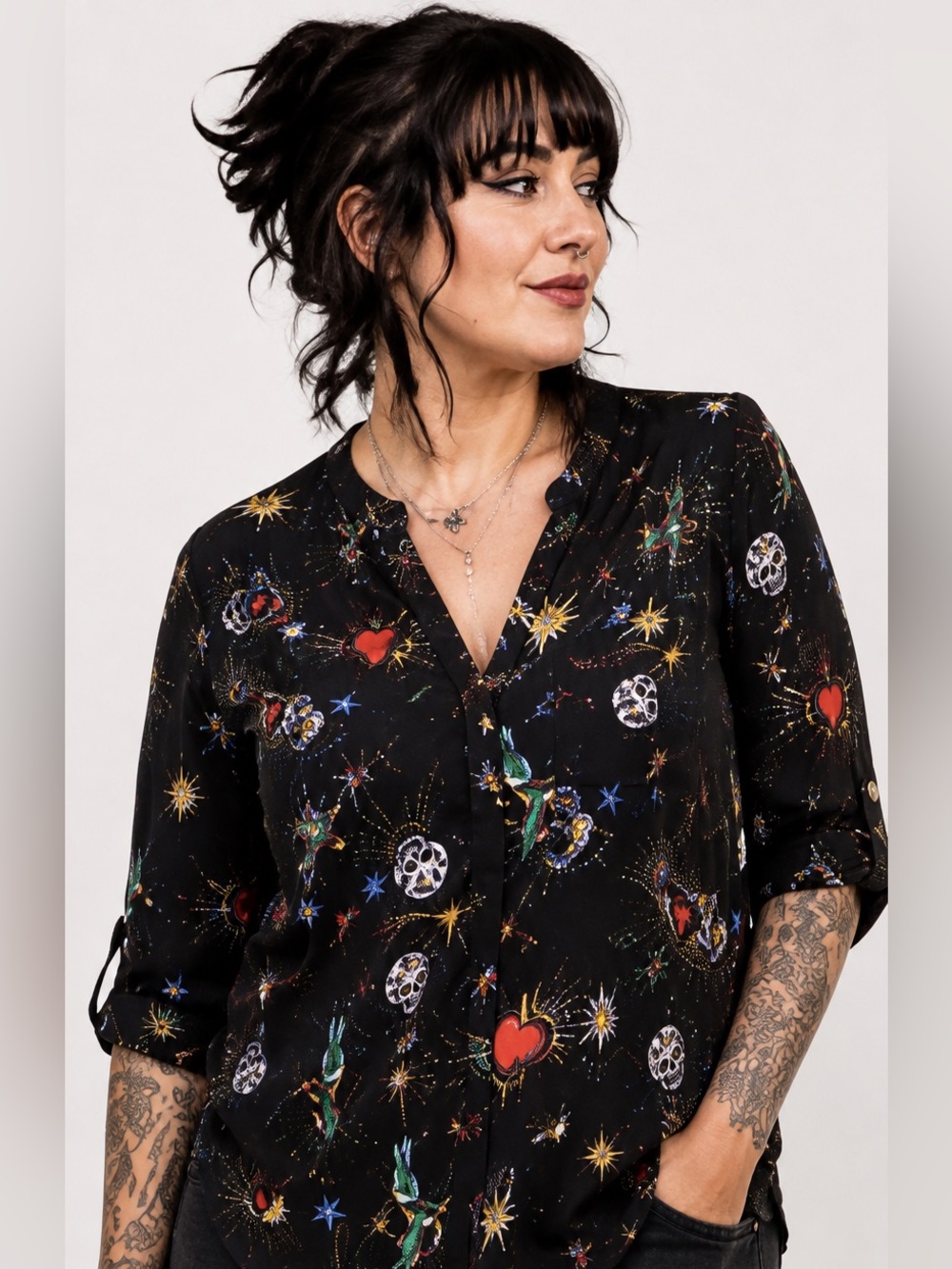 Torrid Harper 3X Black Tattoo Skull Sacred Heart Swallow Blouse Gothic